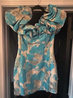 Turquoise and Gold Ruffle-Trim Mini Dress